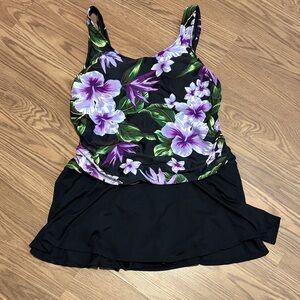 Women’s Plus Size Black Floral One-Piece Swimsuit with Skirt